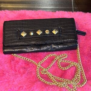 EUC VANS black leather faux-croc textured clutch bag with gold-tone